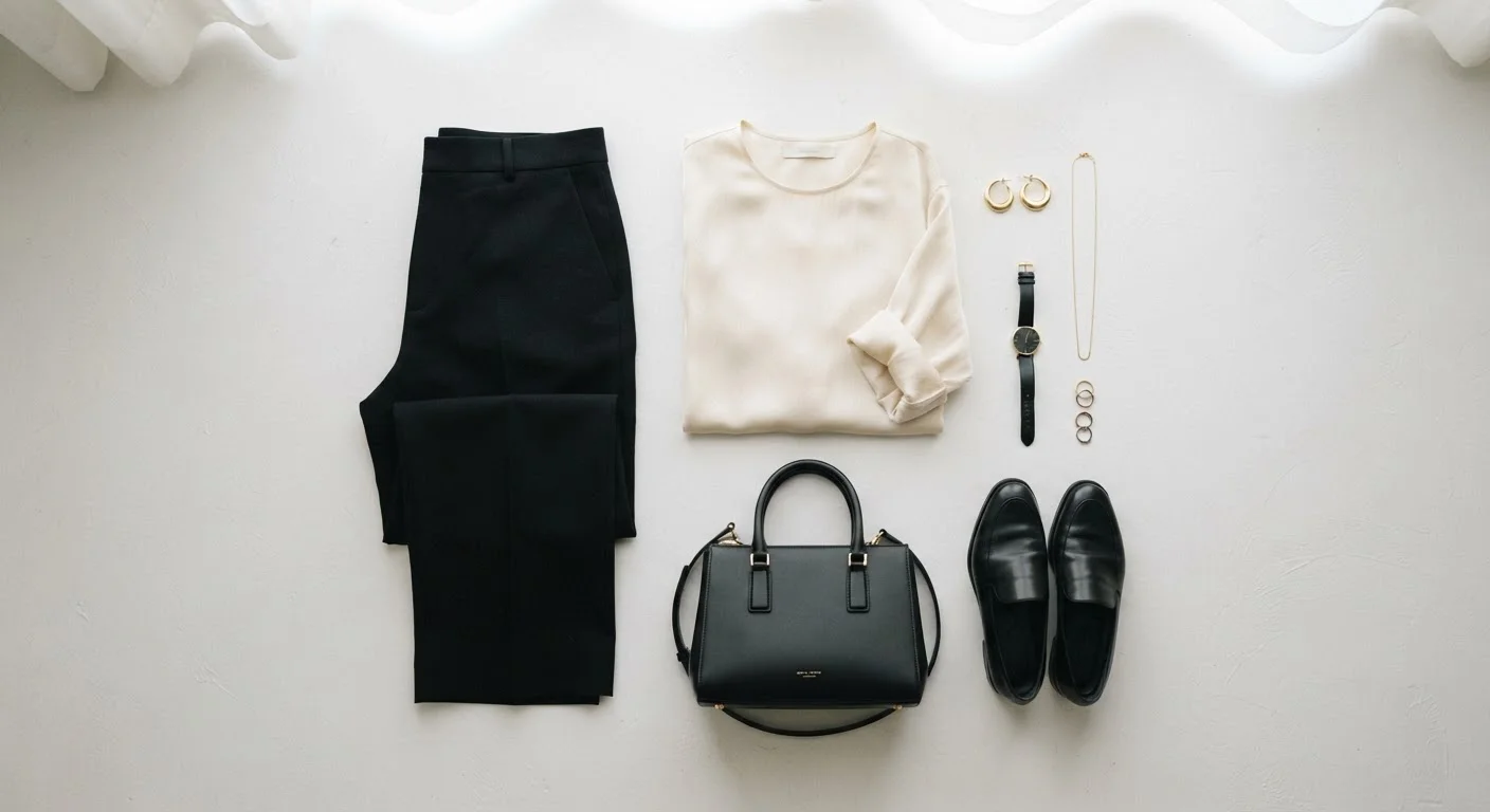 Flatlay of a few intentionally chosen clothing pieces on a clean white surface