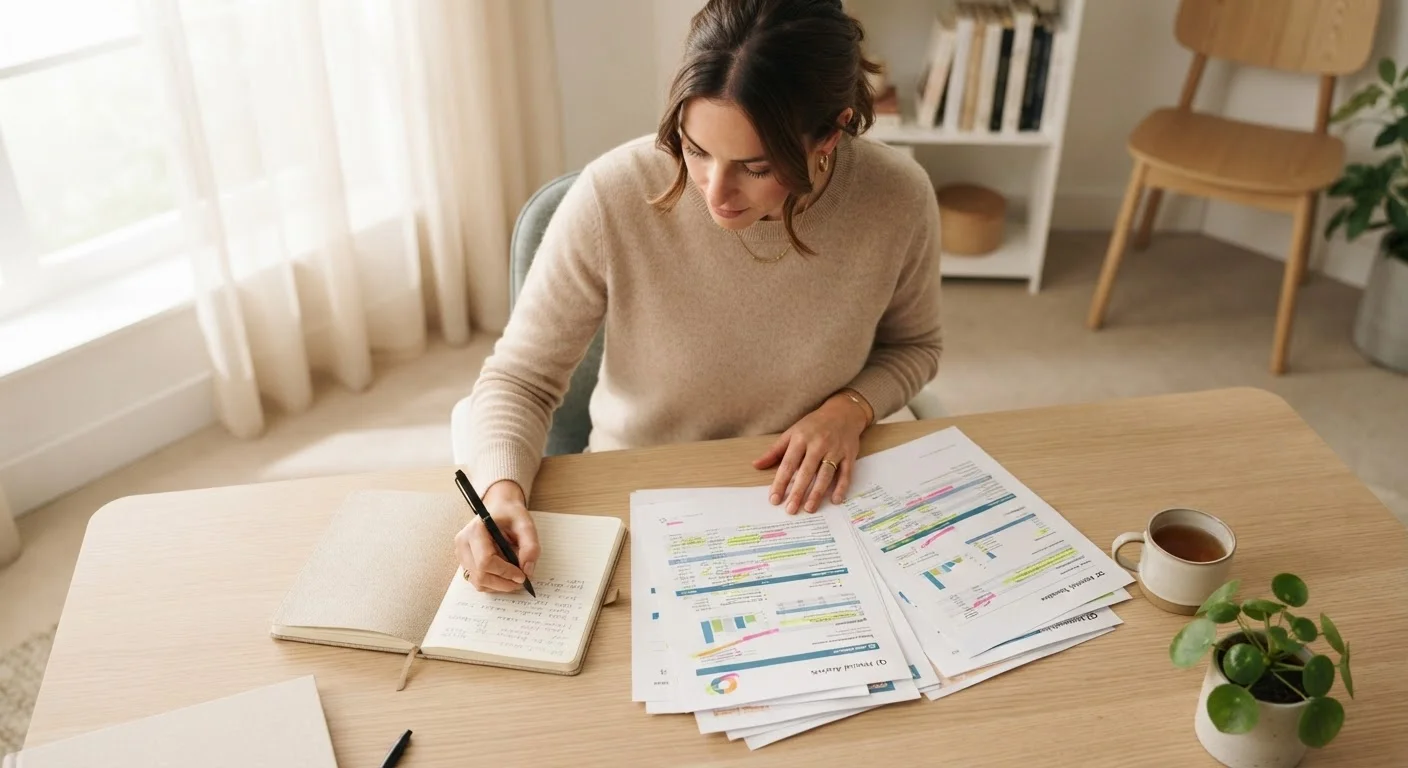 Woman reviewing financial documents at a tidy desk in natural light, preparing to invest.