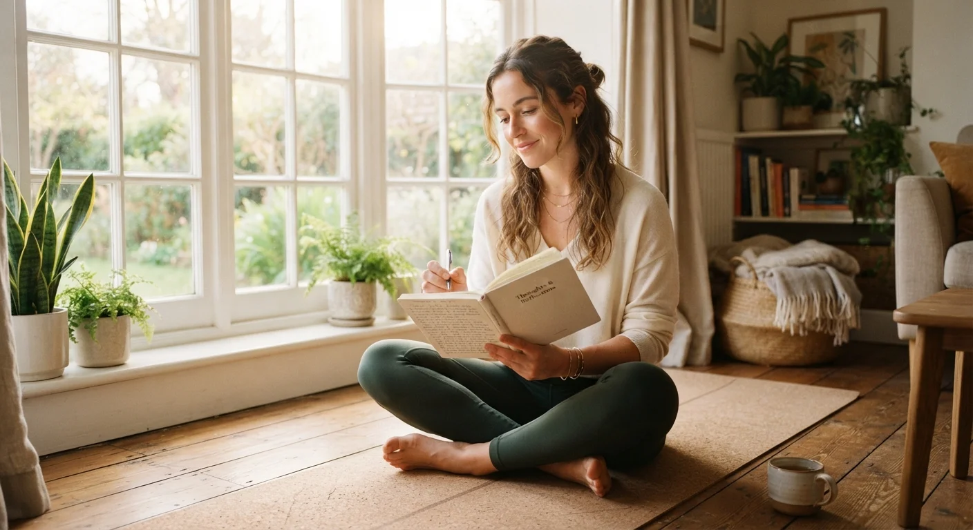 A woman sitting on a yoga mat by a sunny window, writing notes before starting her exercise routine.