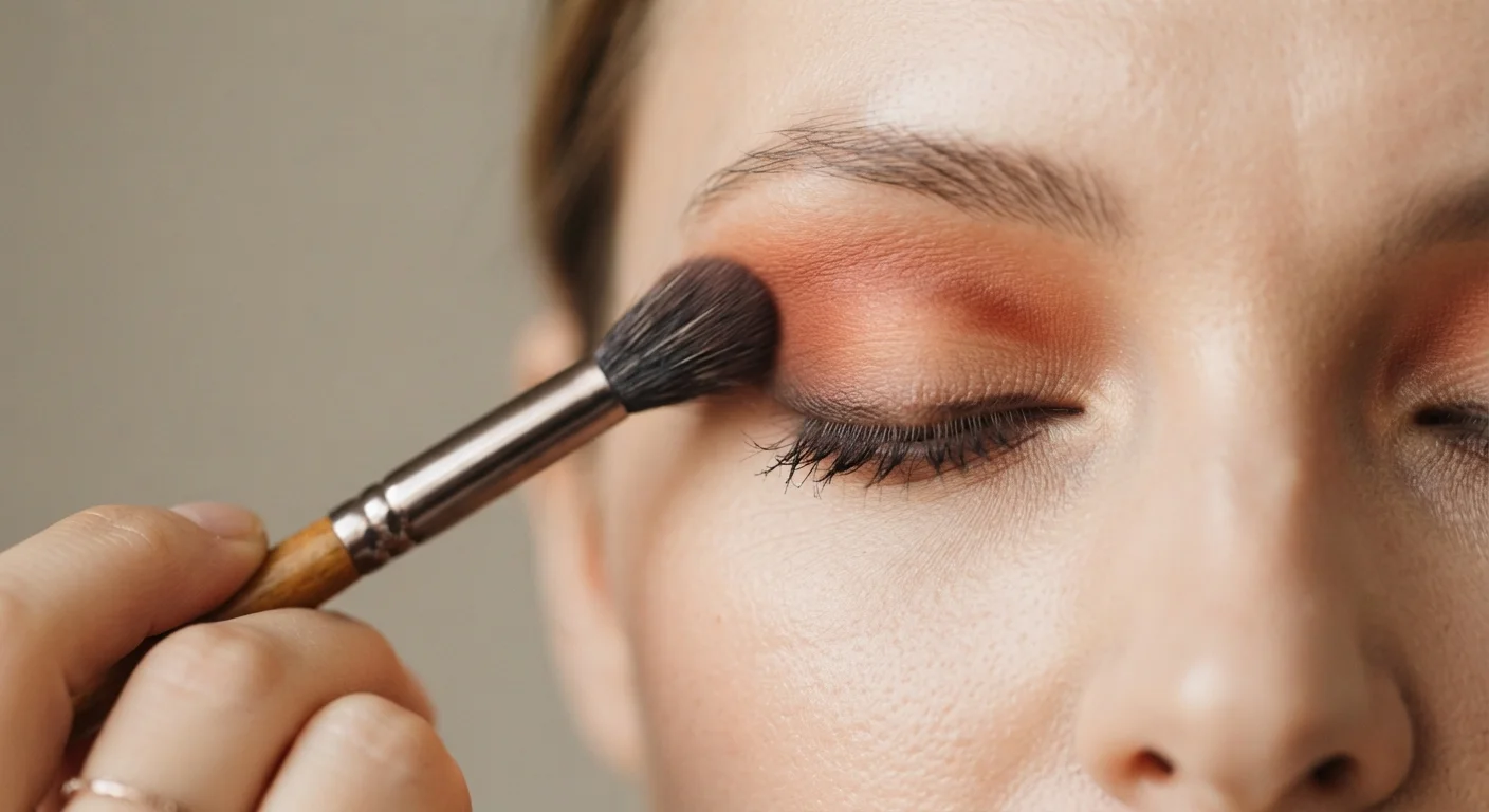 A fluffy blending brush diffusing warm eyeshadow across a closed eyelid