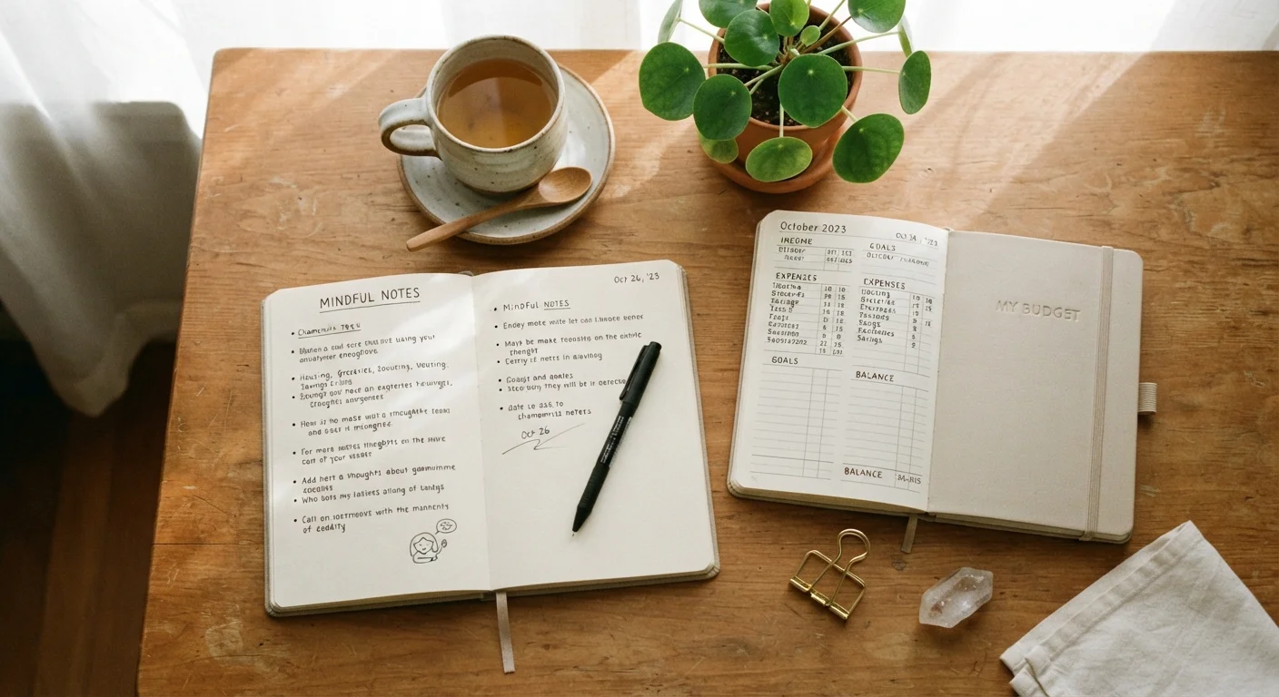An open budget planner beside a cup of tea and small plant on a sunlit desk.