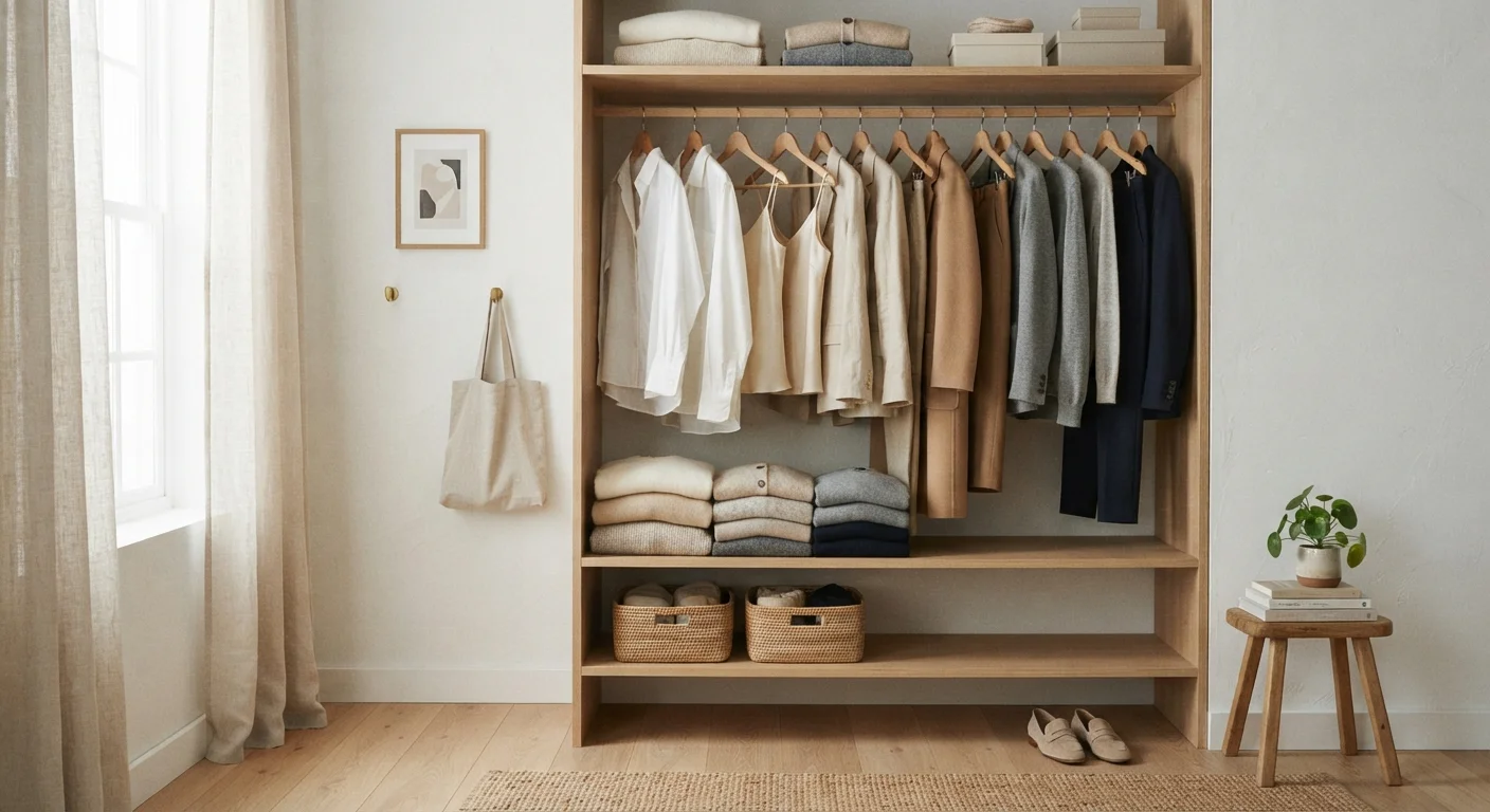 An organized wardrobe with neutral, classic clothing pieces arranged by color and category