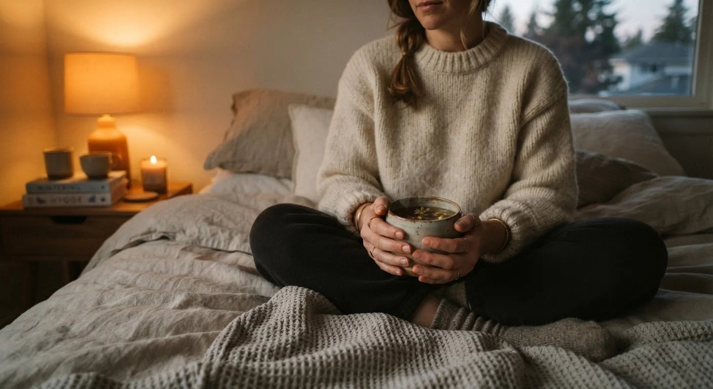 Warm bedroom scene with herbal tea mug on a linen bed at dusk, evoking a calming evening wind-down atmosphere