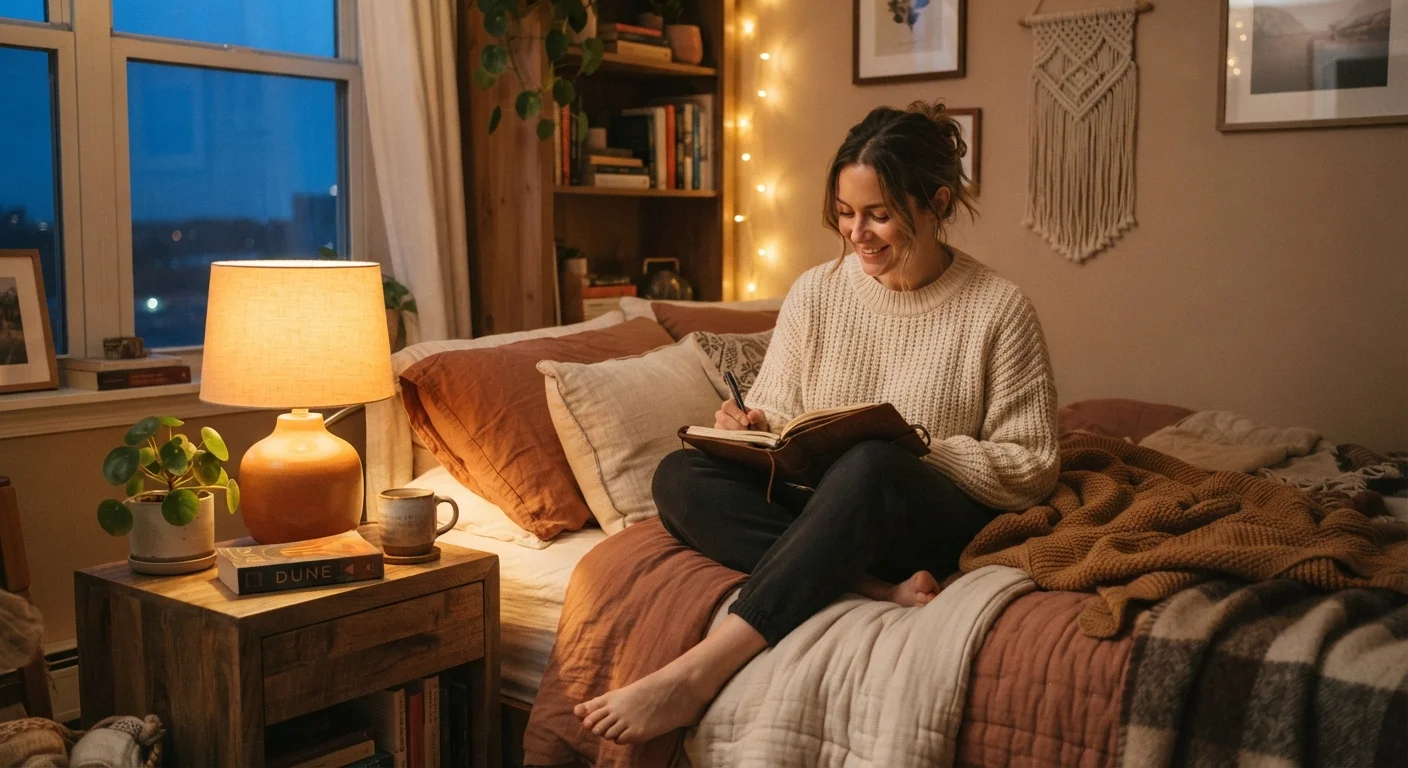 Woman journaling in a warmly lit bedroom during a calming evening wind-down routine