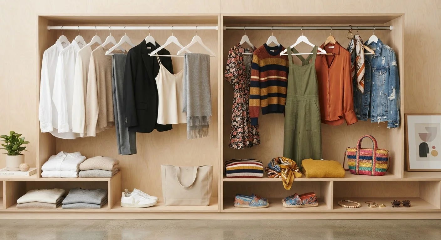 A wardrobe divided between a minimal capsule side and a personality-driven curated closet side.