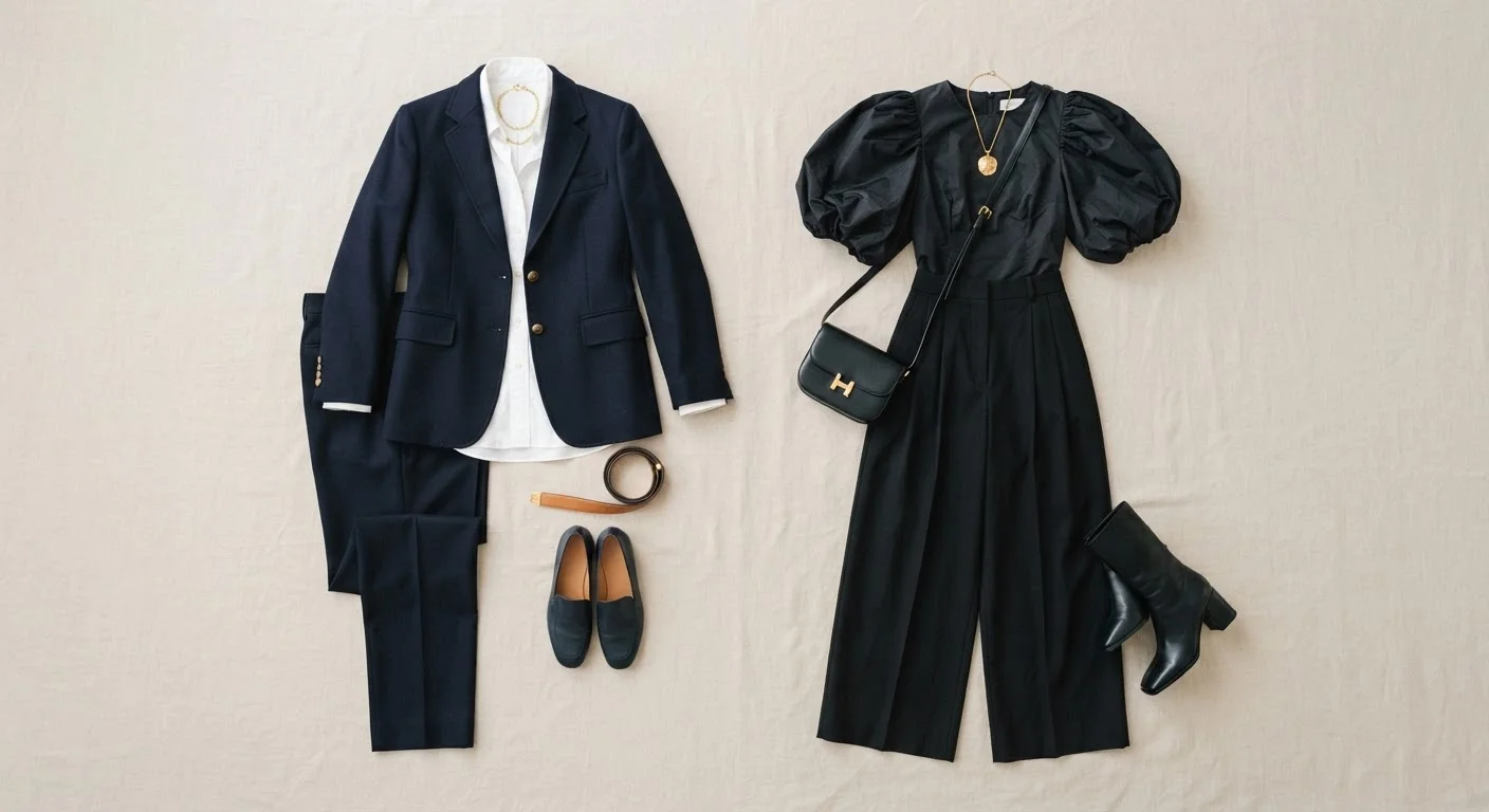 Classic tailored pieces and trend-led silhouettes laid flat side by side on a neutral surface