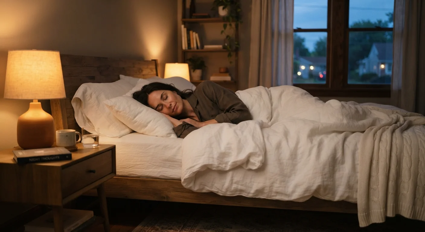 Woman resting peacefully in a softly lit bedroom with white linen bedding