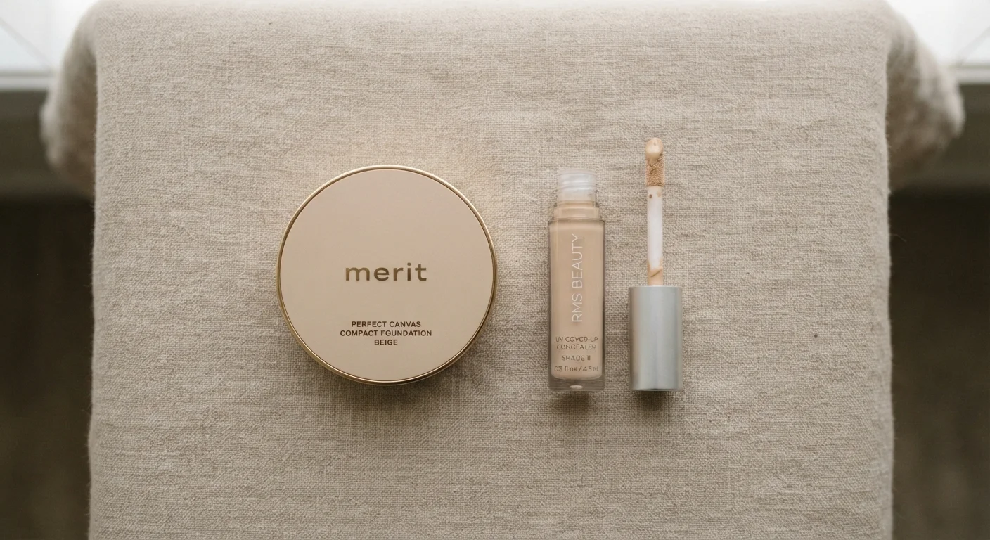 A foundation compact and a concealer wand placed side by side on a neutral surface