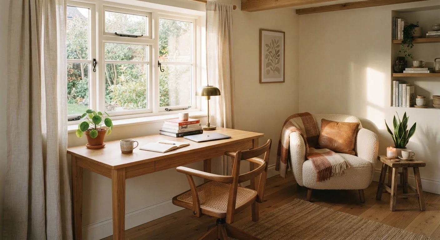 A calm home office with a wooden desk, linen curtains, and a reading chair in soft afternoon light