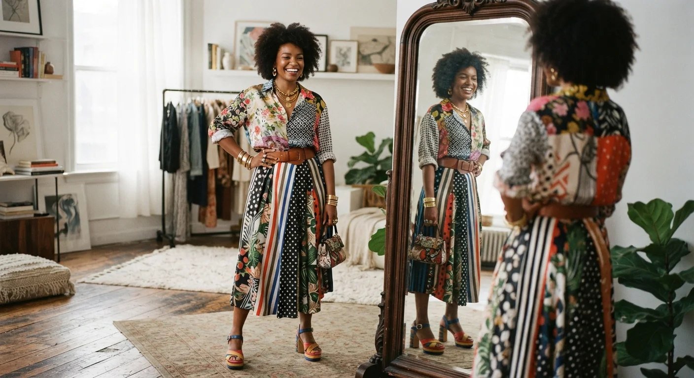 A confident woman in an expressive, colorful outfit examining her reflection in a full-length mirror
