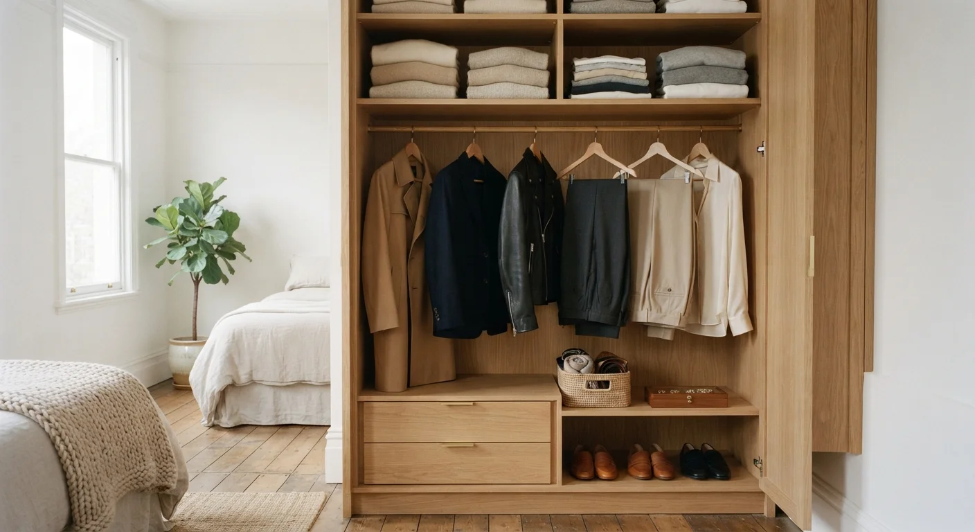 Neatly organized wardrobe with neutral basics and layering pieces in soft morning light