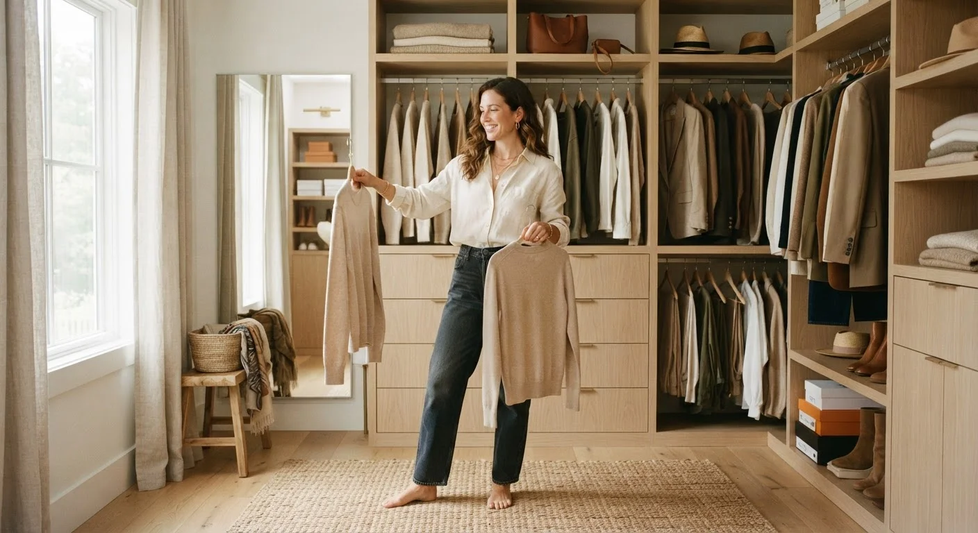 A confident woman in a well-organized closet choosing clothes suited to her real life