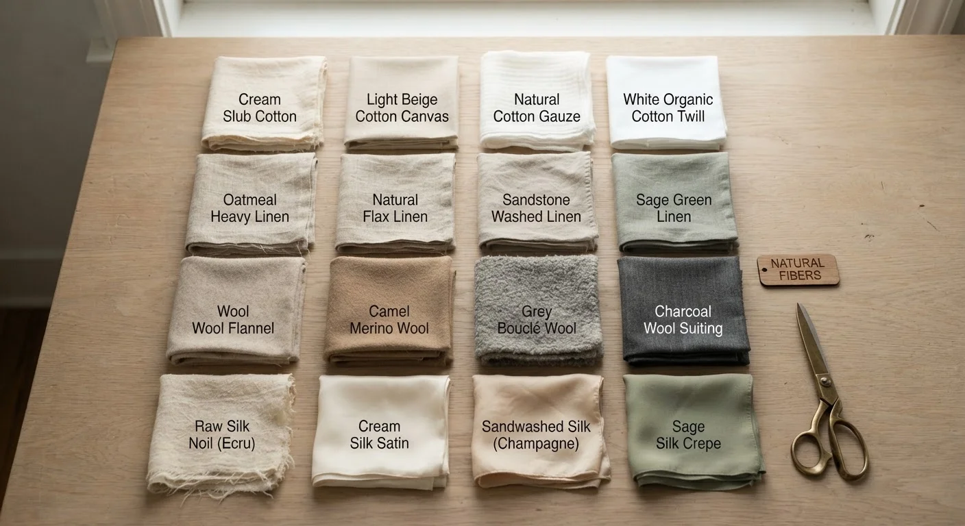 Assorted folded fabric swatches in neutral tones arranged on a light wooden surface.