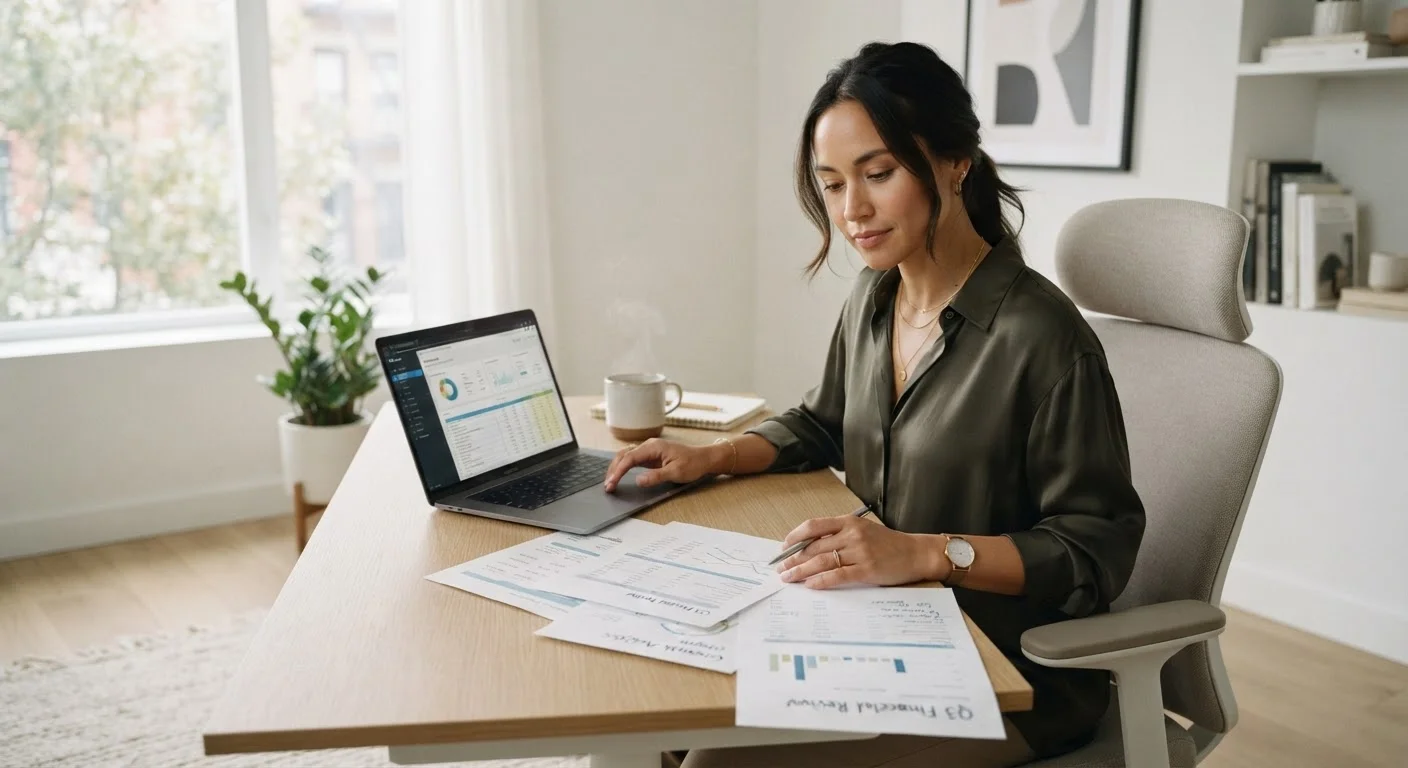 A woman thoughtfully reviewing her financial documents at a well-lit desk