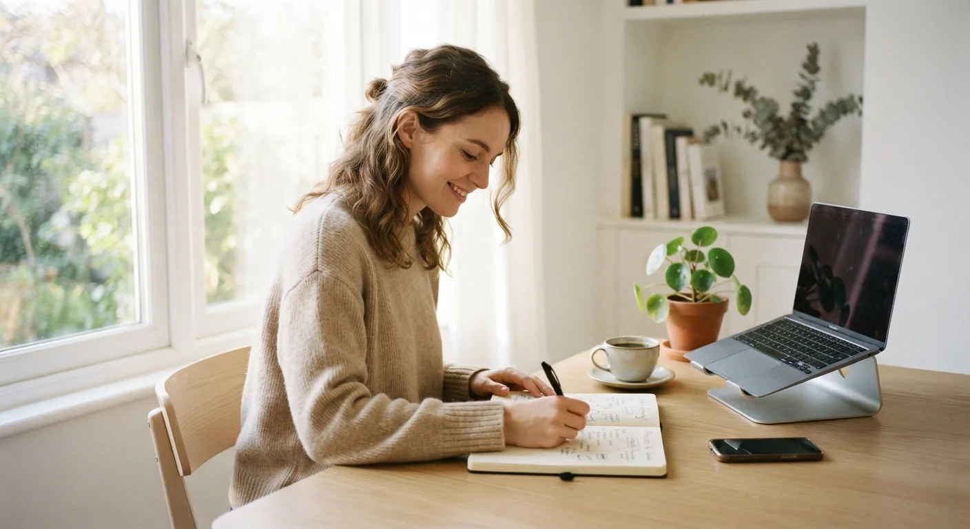 A woman at a tidy desk with a notebook and coffee, representing financial planning and wellness