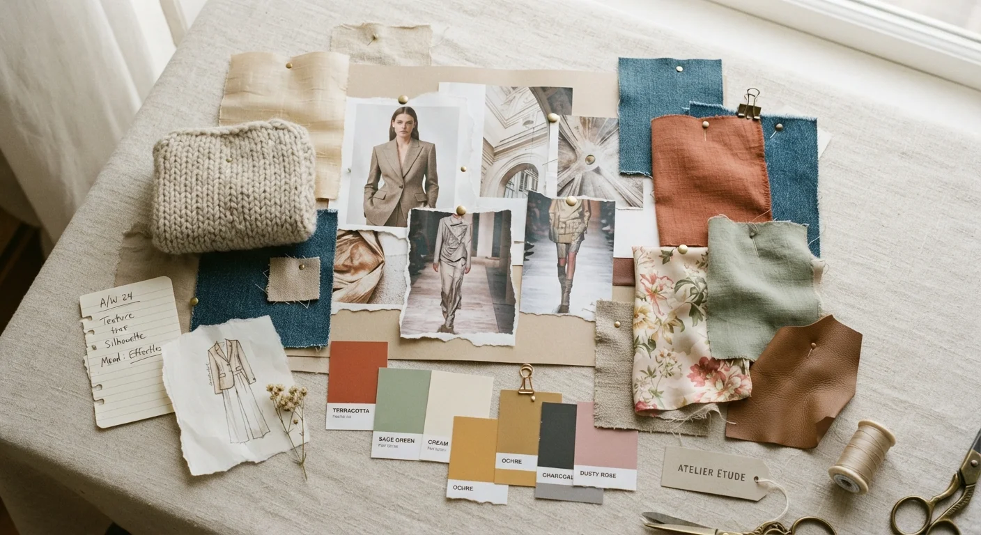 A mood board flat lay with fabric swatches, color palettes, and magazine clippings arranged on linen