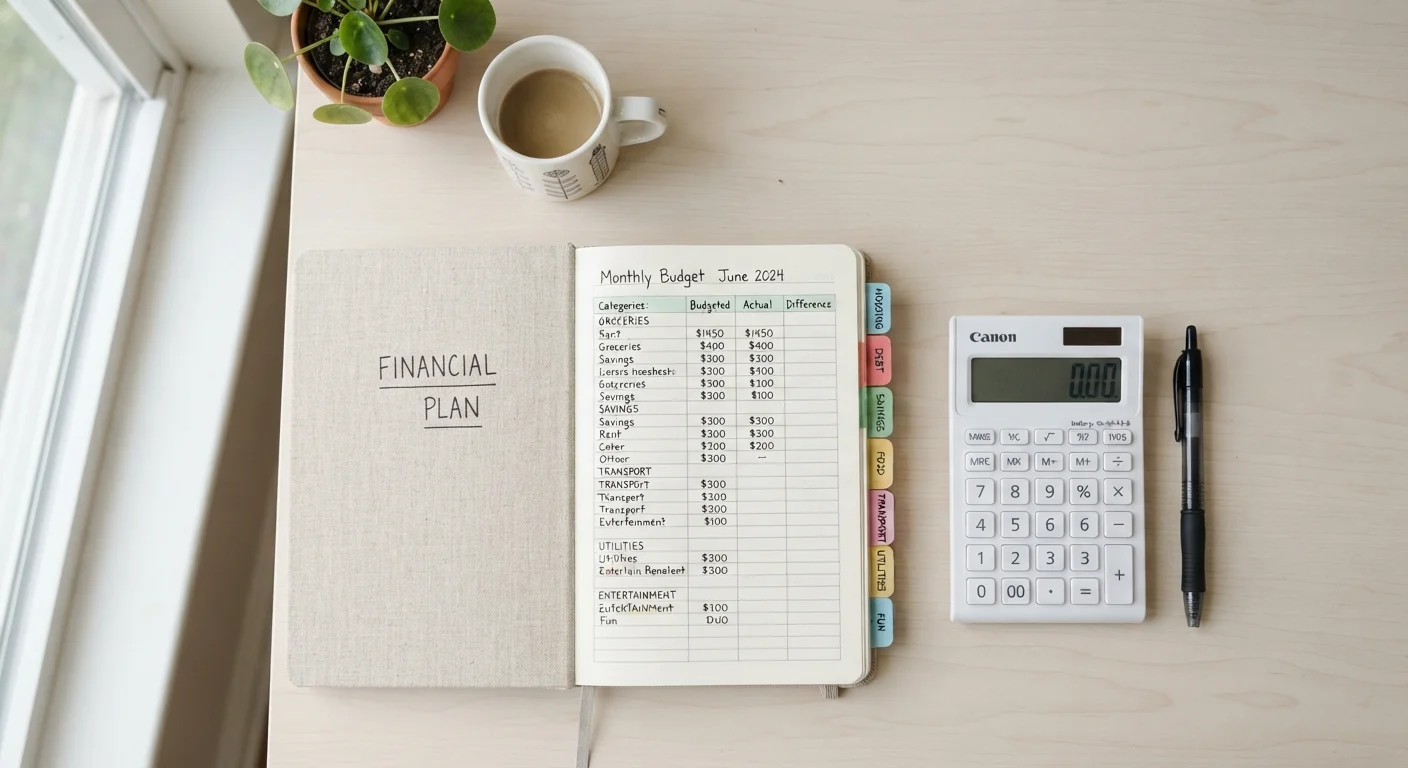 A notebook, calculator, and colorful tabs arranged neatly on a desk for budgeting