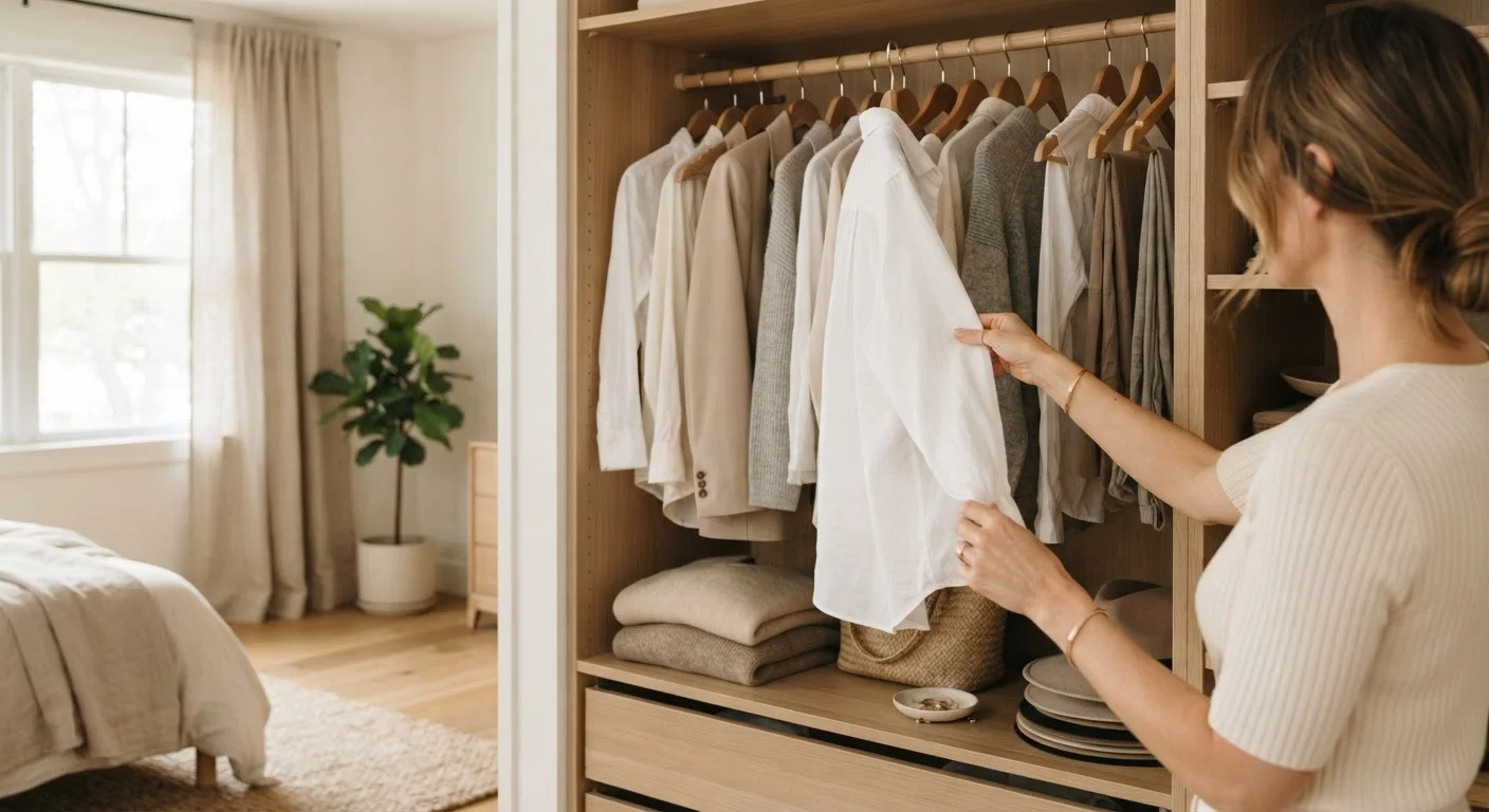 A woman reaching into an organised wardrobe filled with neutral, versatile clothing pieces.