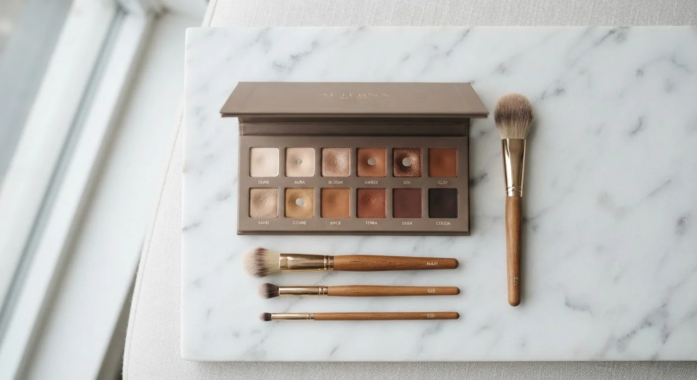 Open neutral eyeshadow palette with assorted brushes arranged on a marble surface