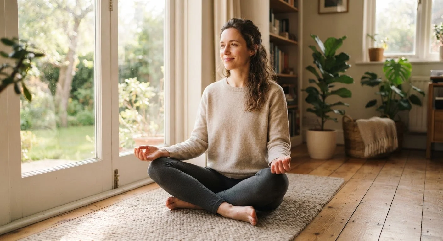 A calm woman sitting near a window practicing a mindfulness grounding exercise