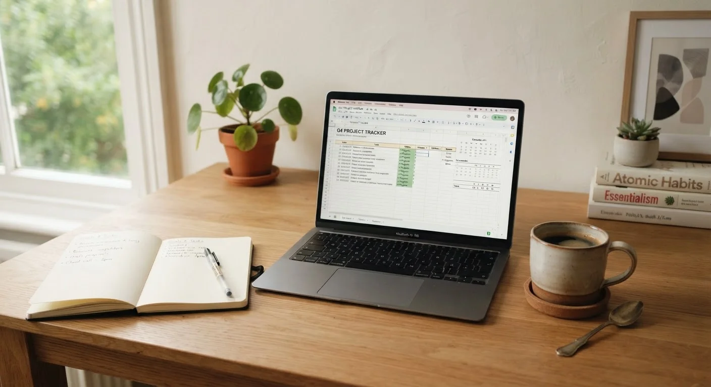 Organized desk with notebook, coffee, and laptop displaying a simple financial spreadsheet