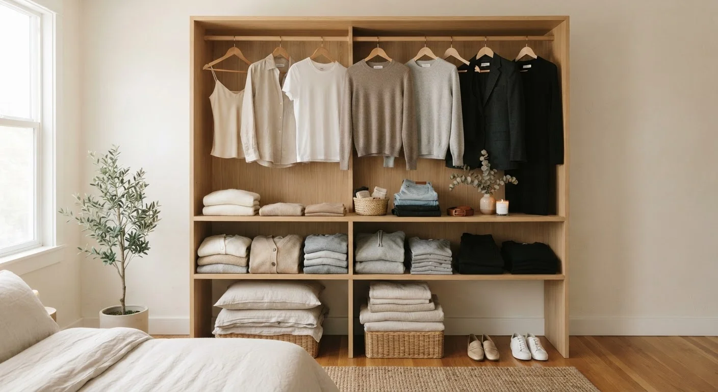 Organized wardrobe with neutral foundational clothing pieces arranged by color in soft light