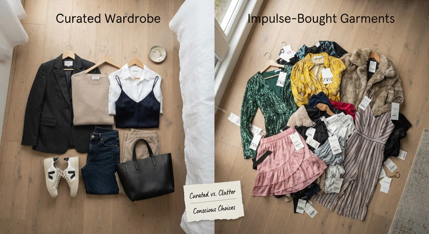 Curated intentional wardrobe pieces laid beside a scattered pile of impulse-bought clothing items