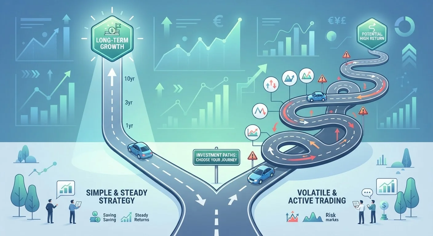 Split road illustration symbolizing the choice between index funds and actively managed funds