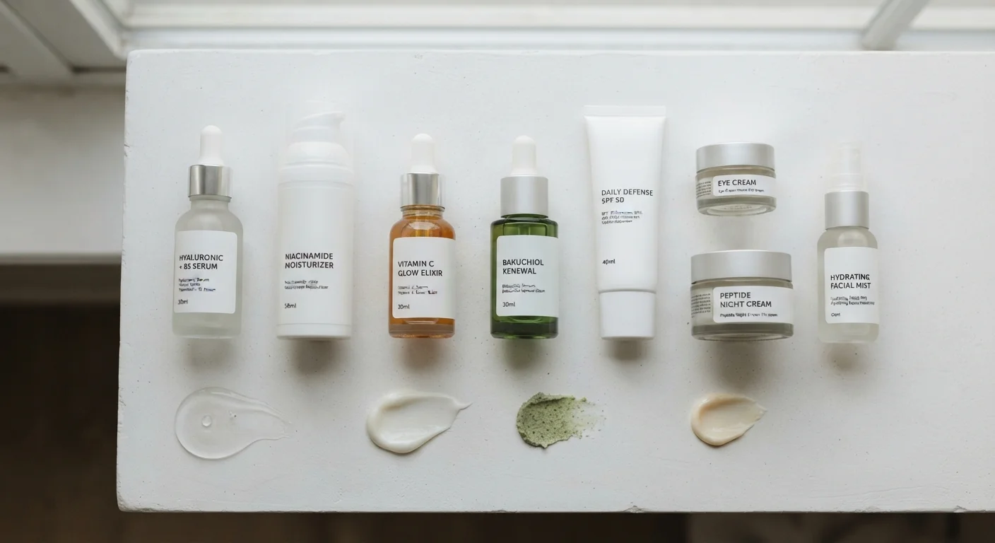 Assorted skincare serums and bottles arranged in a clean flat lay on a white surface
