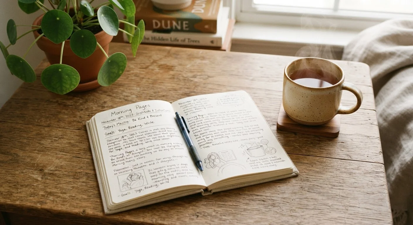 Open journal on a wooden desk with a steaming mug and soft morning light