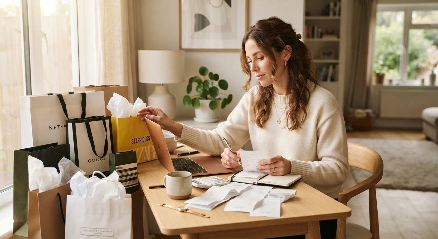 Woman reviewing rising expenses at a desk surrounded by shopping bags and receipts