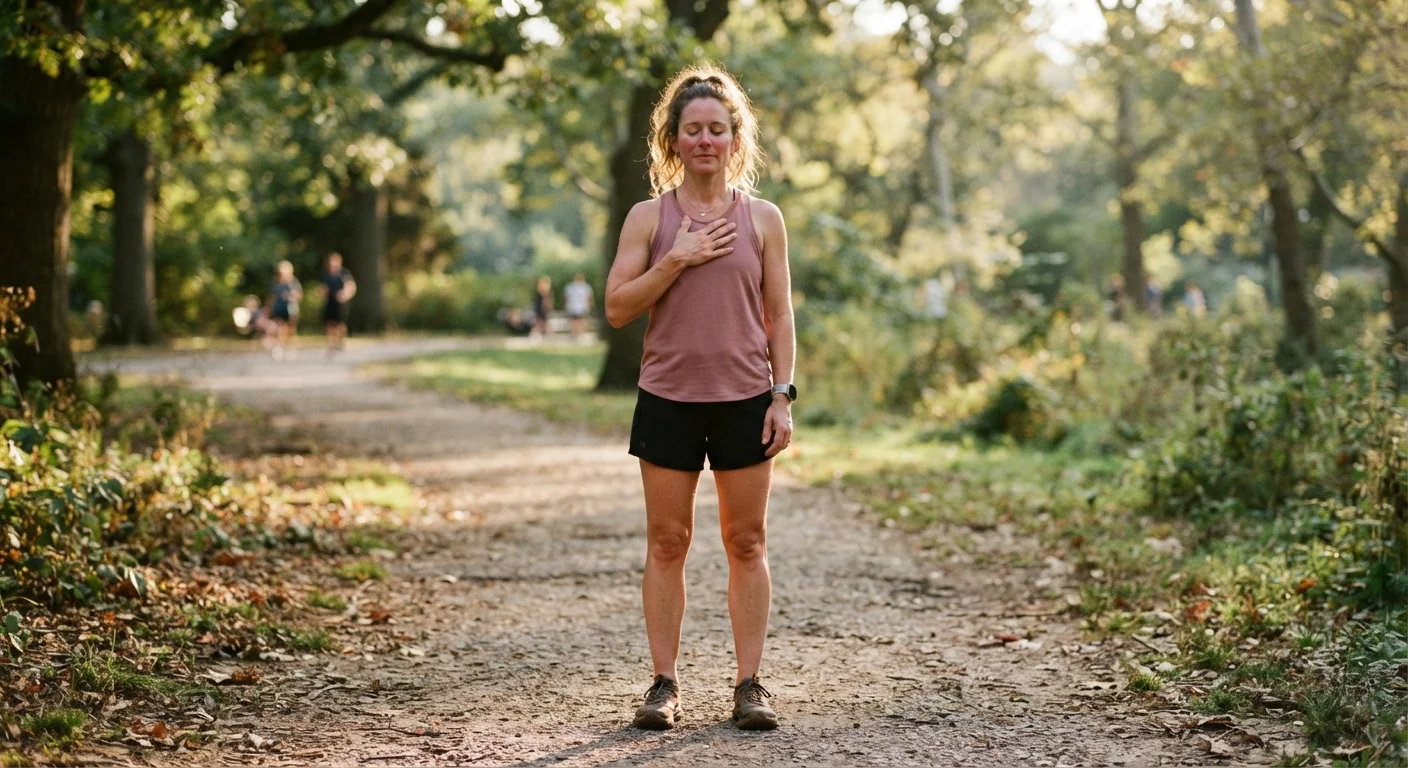 A woman pausing during outdoor exercise to check in with her body, hand on chest