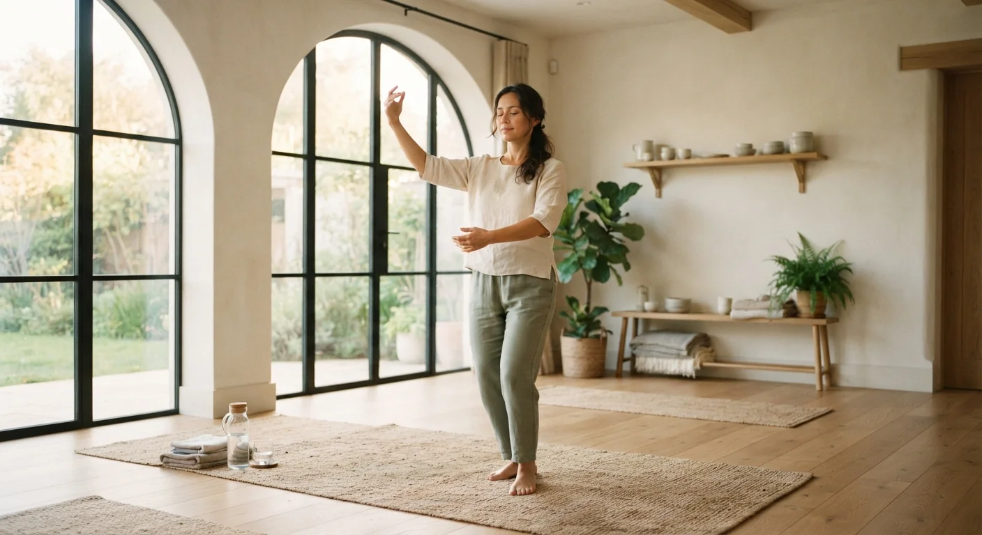 Woman practicing gentle low-impact movement in a bright, calm studio space.