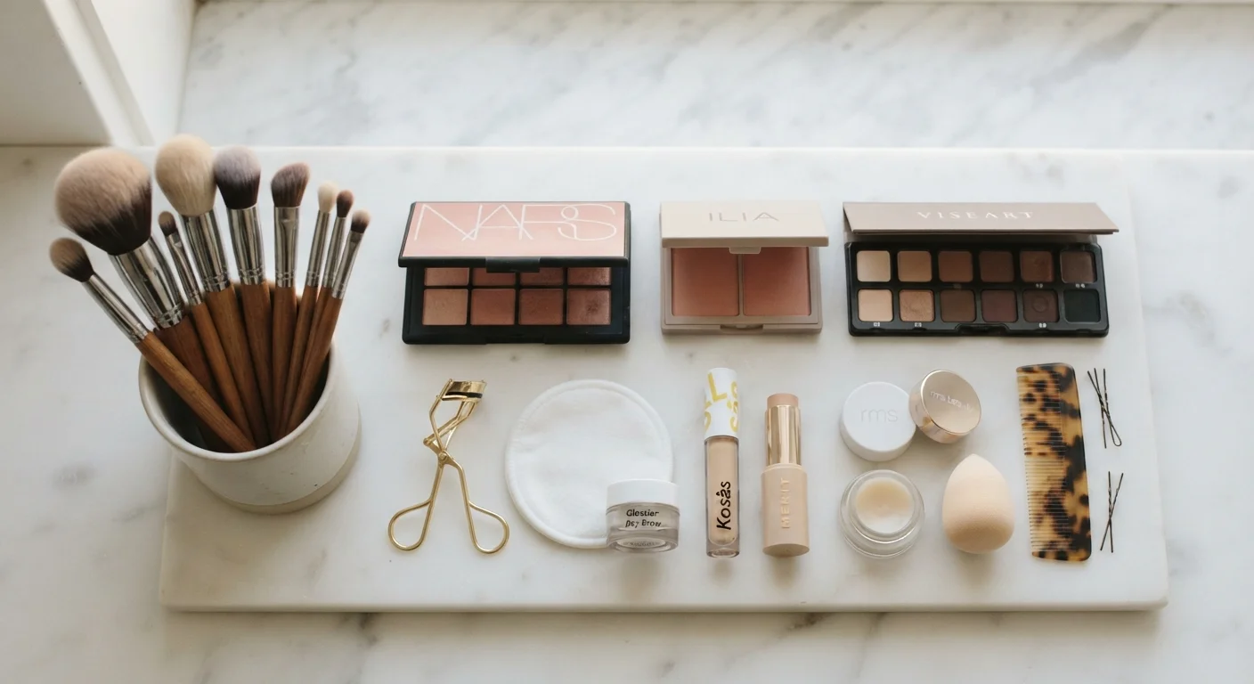 Organized collection of makeup brushes, palettes, and beauty tools laid out on a clean white surface