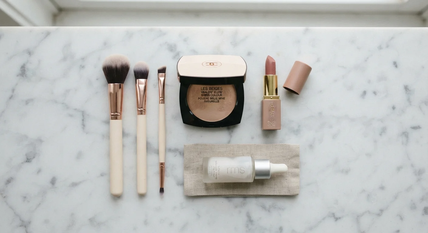 Minimal makeup collection laid out on a marble surface with brushes and a compact.