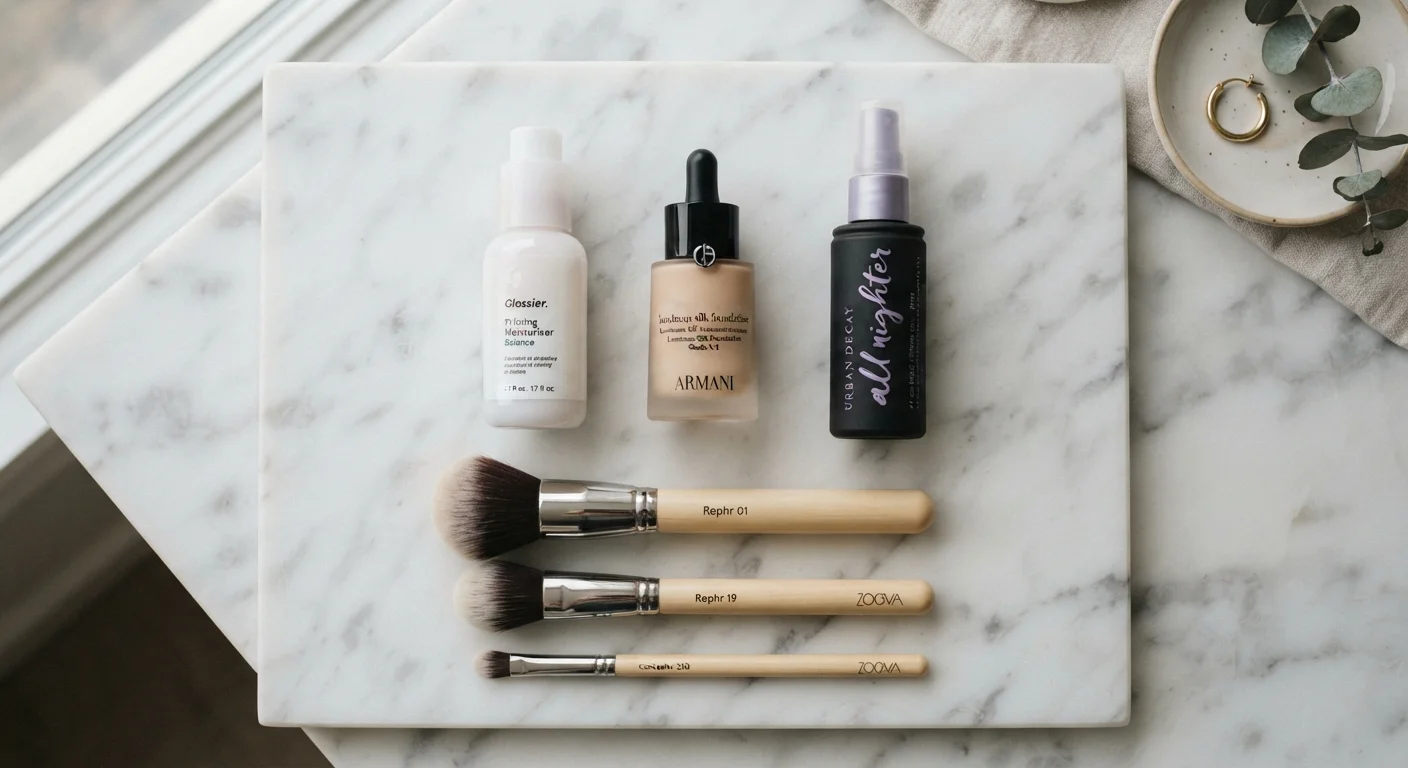 Neatly arranged makeup essentials on a marble surface in soft morning light.