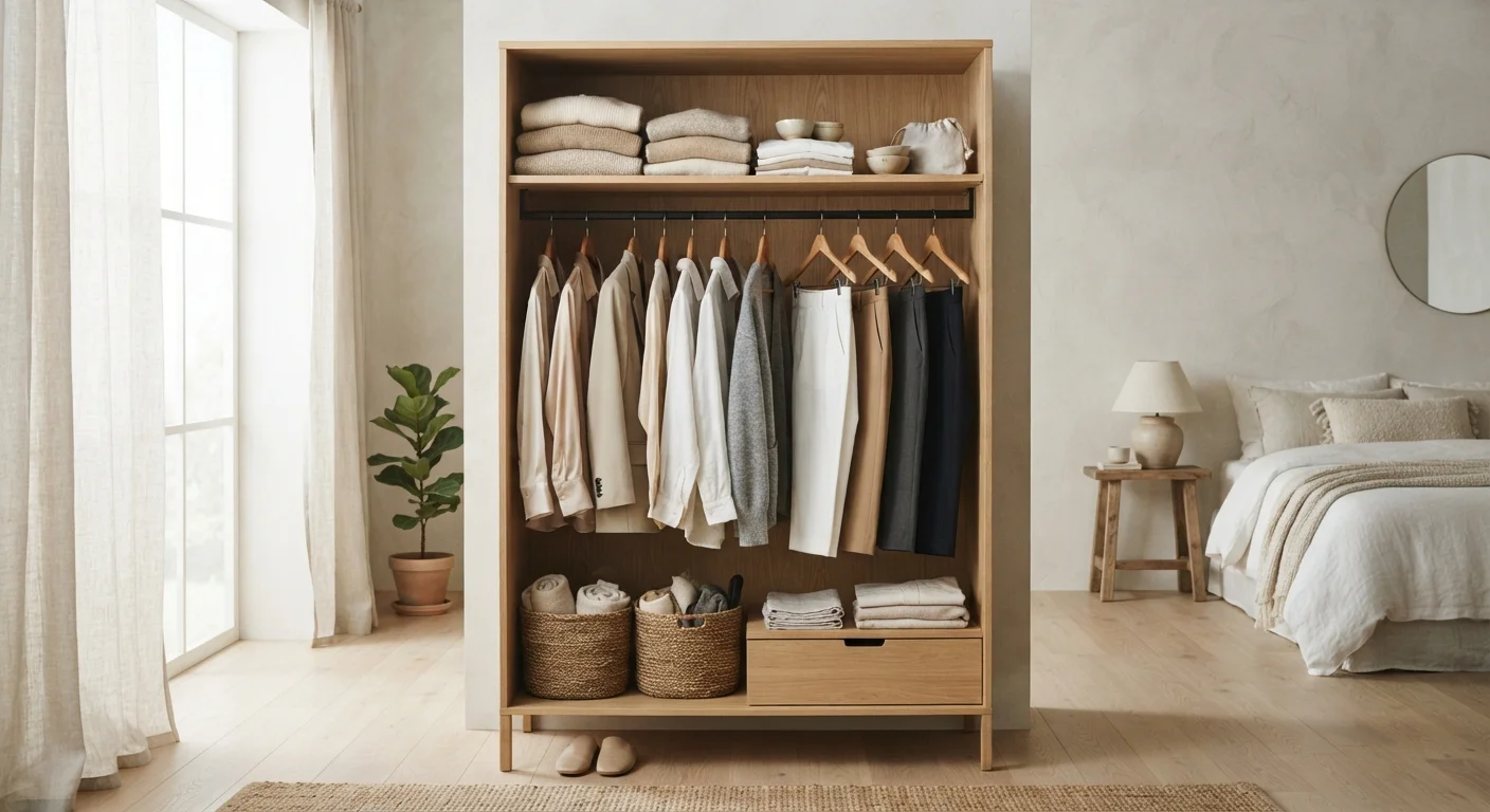 A minimal, well-organized wardrobe with coordinated neutral clothing pieces displayed neatly