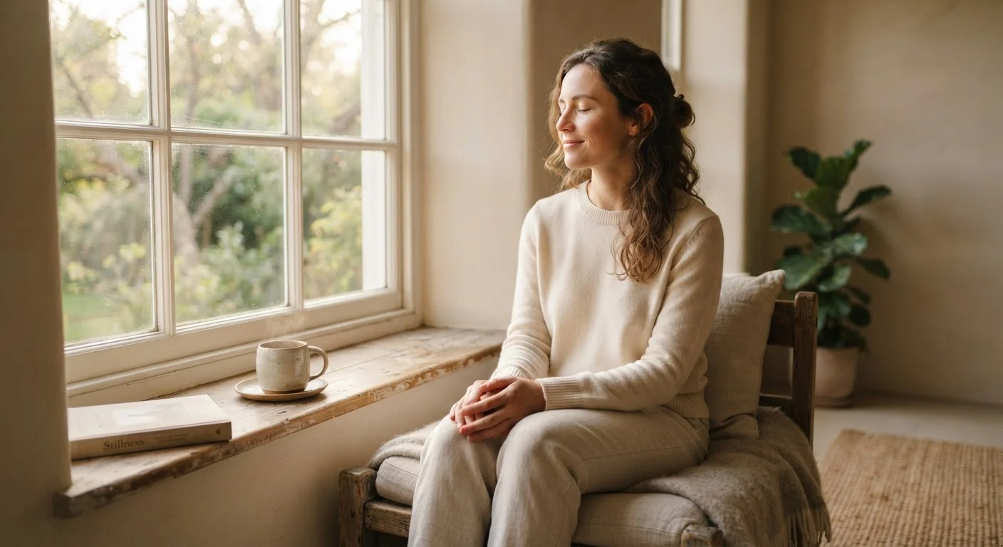 A woman sitting peacefully by a sunlit window with a cup of tea, practicing a moment of calm