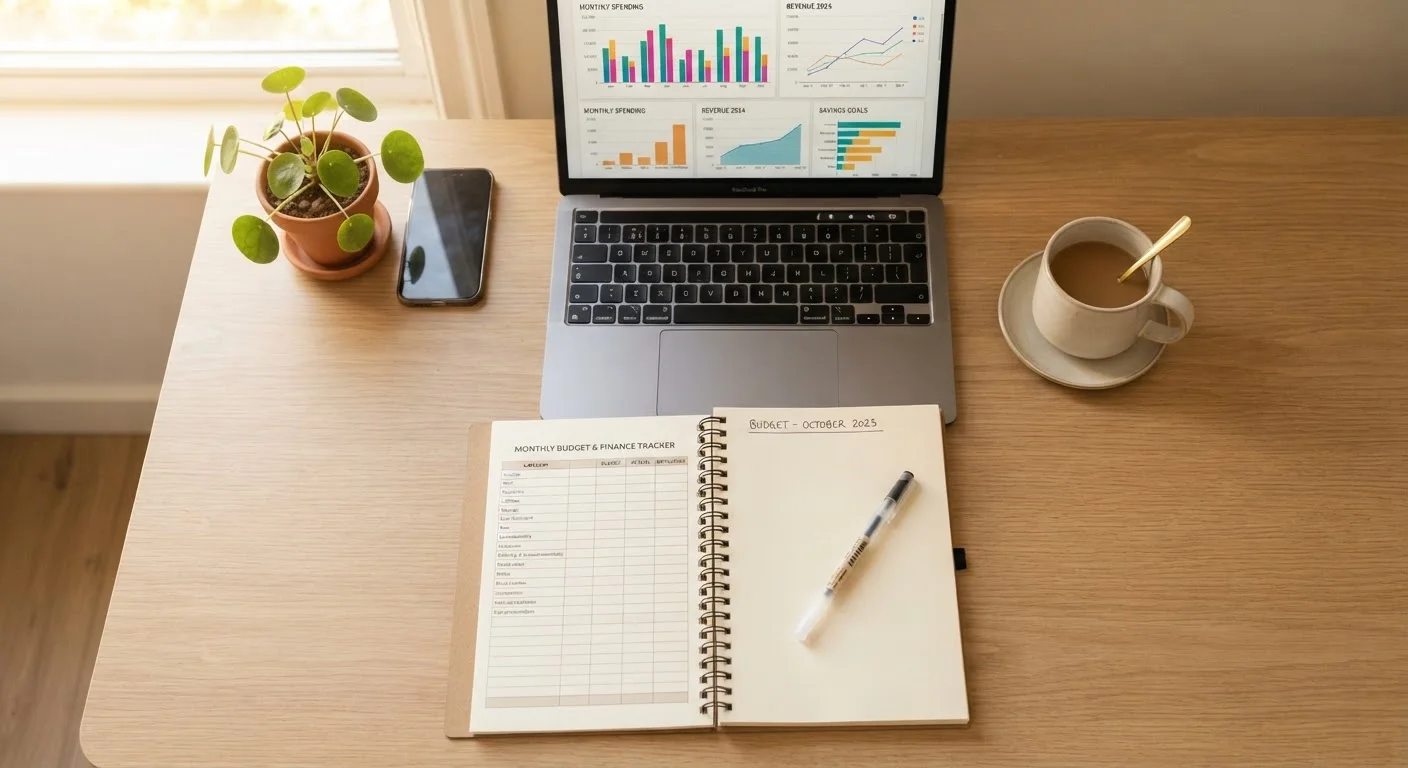 Open notebook with budget planning pages on a tidy desk with coffee and laptop