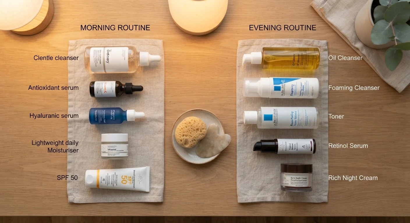 Two skincare routines laid out side by side, morning products on the left and evening products on the right