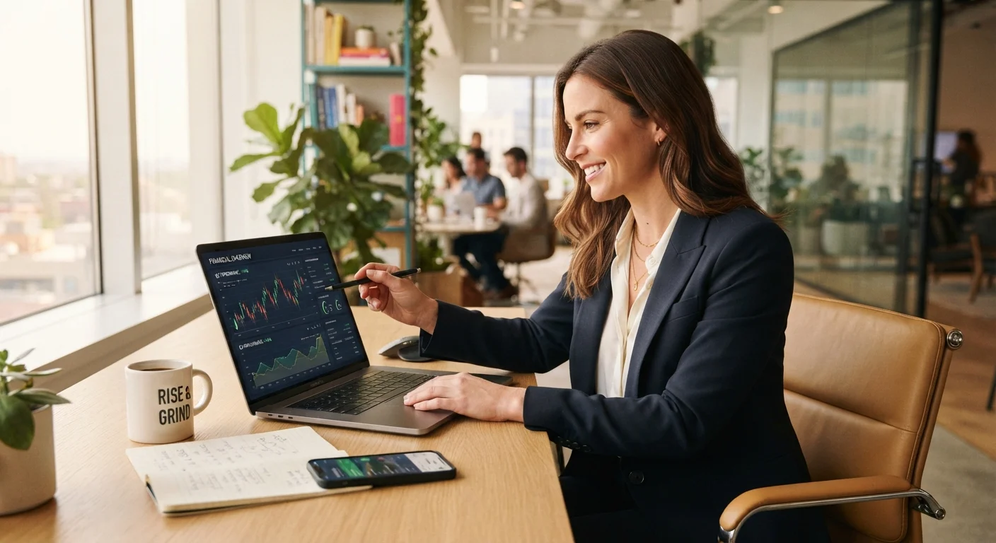 Woman confidently reviewing investment charts and financial data on a laptop at a modern desk