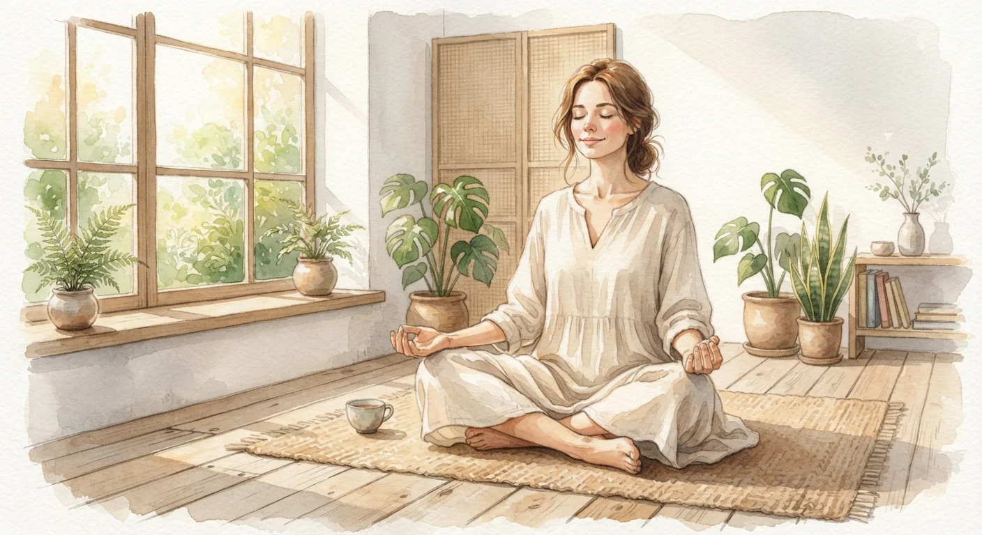 Woman sitting calmly near a sunlit window in a peaceful, minimalist interior space