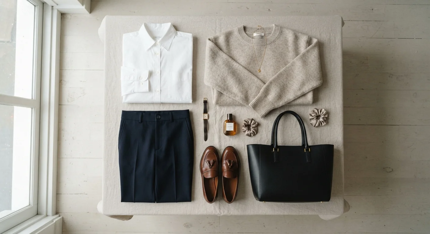 Flat lay of versatile wardrobe basics including a white shirt, dark trousers, and neutral knit
