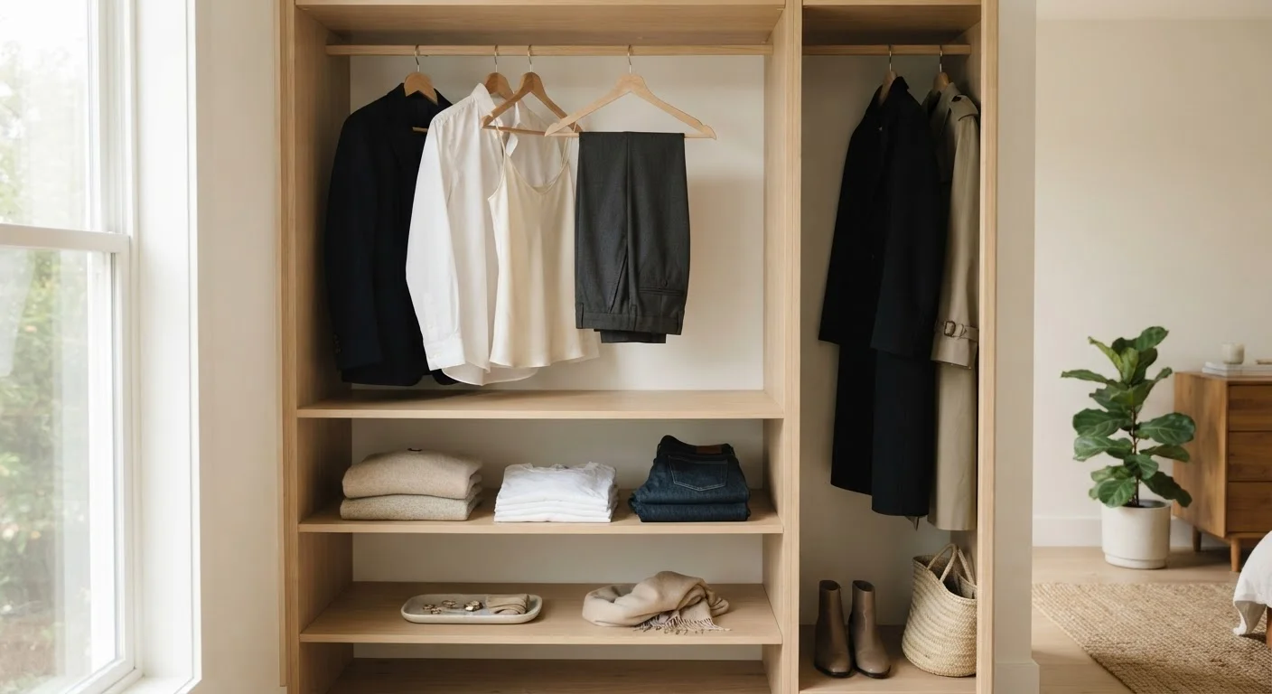 A minimal, well-organised wardrobe showing a small capsule of versatile neutral clothing pieces.