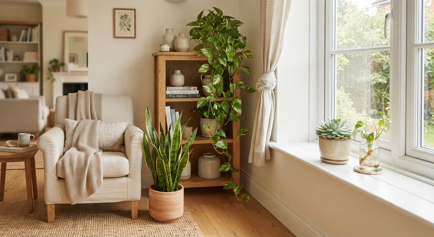 Assorted low-maintenance houseplants arranged in a sunlit living room corner.