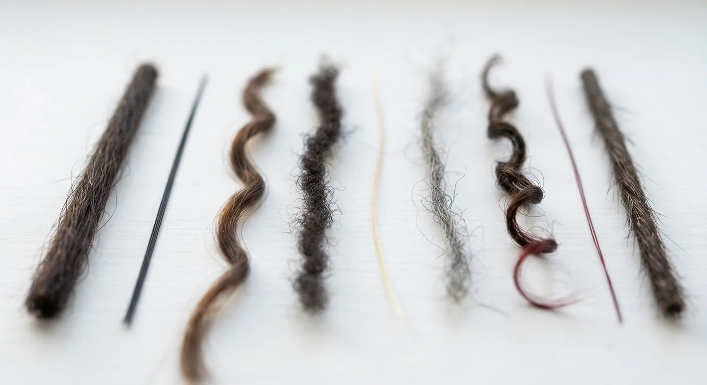 Close-up of multiple hair strands showing varying textures, thicknesses, and curl patterns