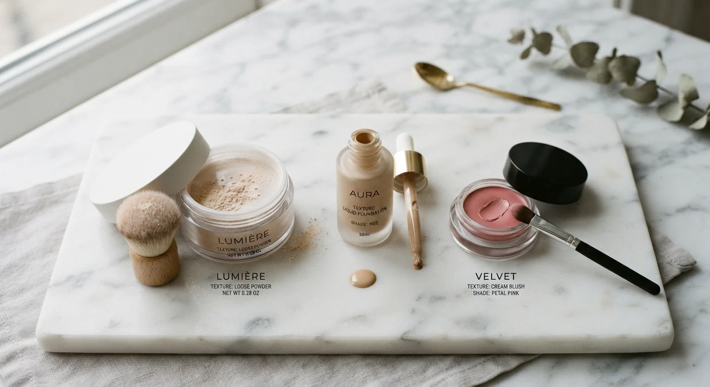Three makeup formula types — powder, liquid, and cream — displayed side by side on a marble surface