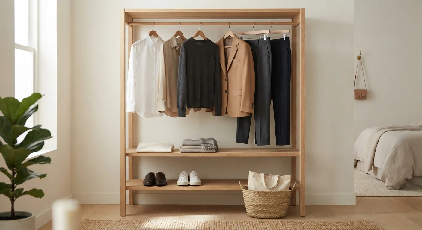 A minimal, well-organized wardrobe with a small selection of quality classic clothing pieces.