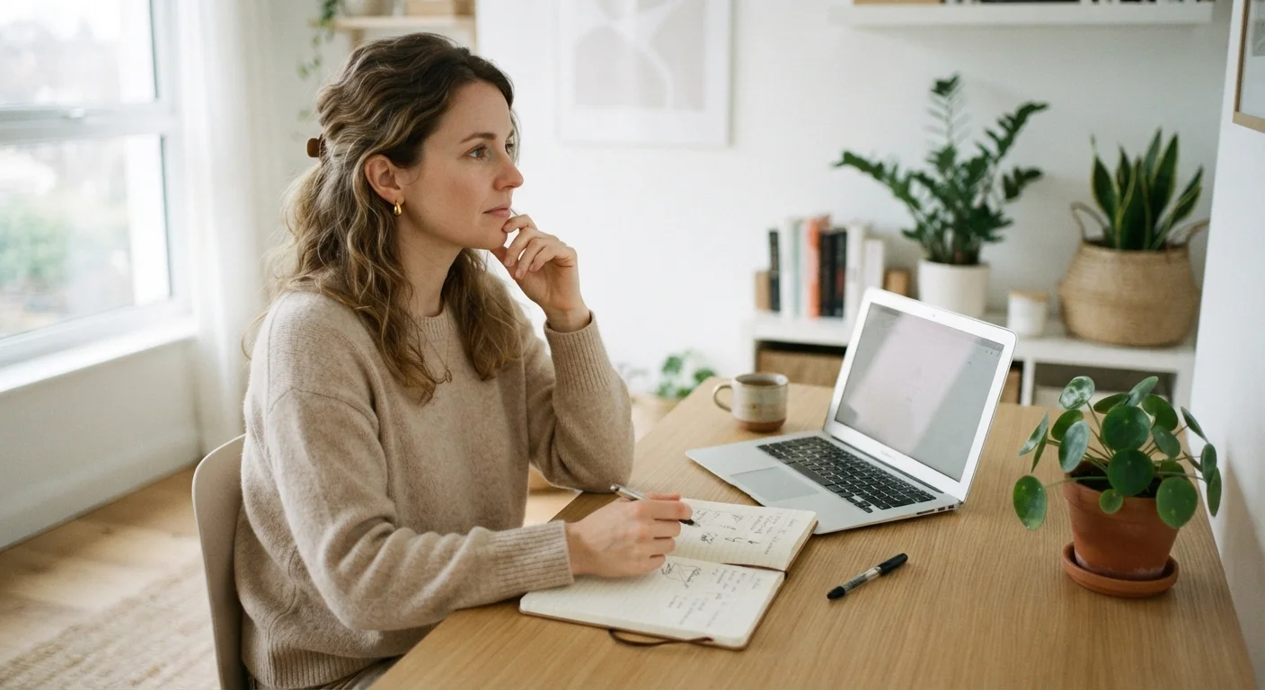 A woman sitting at a desk with a notebook, appearing thoughtful and reflective about financial decisions