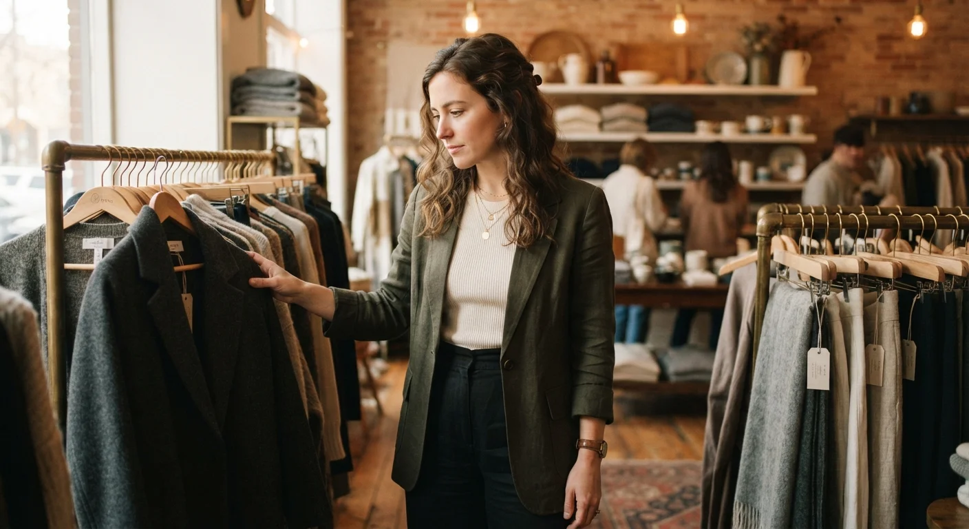 A woman pausing thoughtfully while browsing clothes in a softly lit boutique
